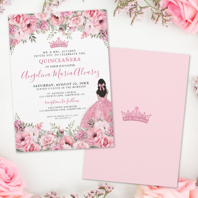 Convites Rosa Florescente Quinceanera Bege Rosado (Pink Rose Floral Quinceanera Invitation)