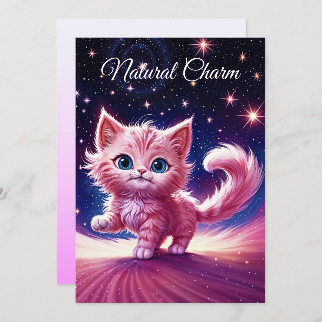 Convites Rosa fluffique gato bonito, estilo azul-azul surre (Frente/Verso)