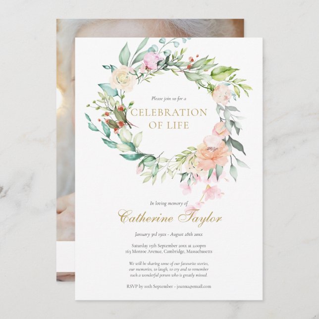 Convites Rosa Foto Floral Celebração da Vida Funeral (Frente/Verso)