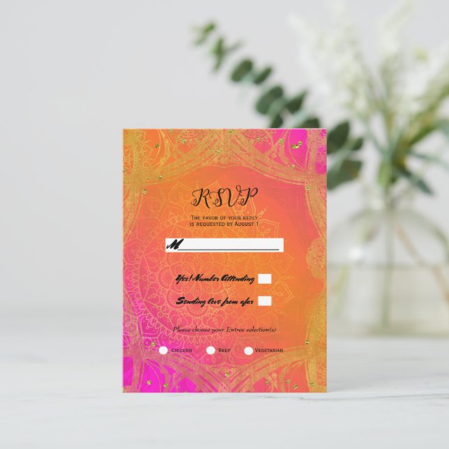 Convites Rosa Fuchsia Laranja Dourado Mandala Casamento RSV (Em pé/Frente)