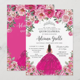 Convites Rosa Fúcsia Floral Quinceanera XV Doce 16