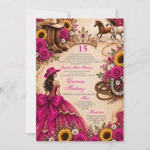 Convites Rosa Fúcsia Girassol Rosa Vaquera Quinceañera