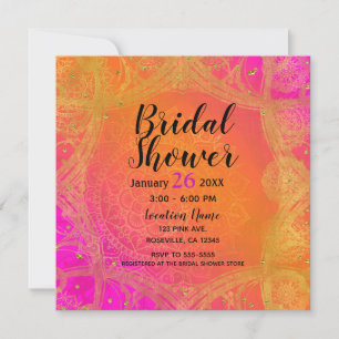 Convites Rosa Fúcsia Laranja Dourado Mandala Bridal Indiano