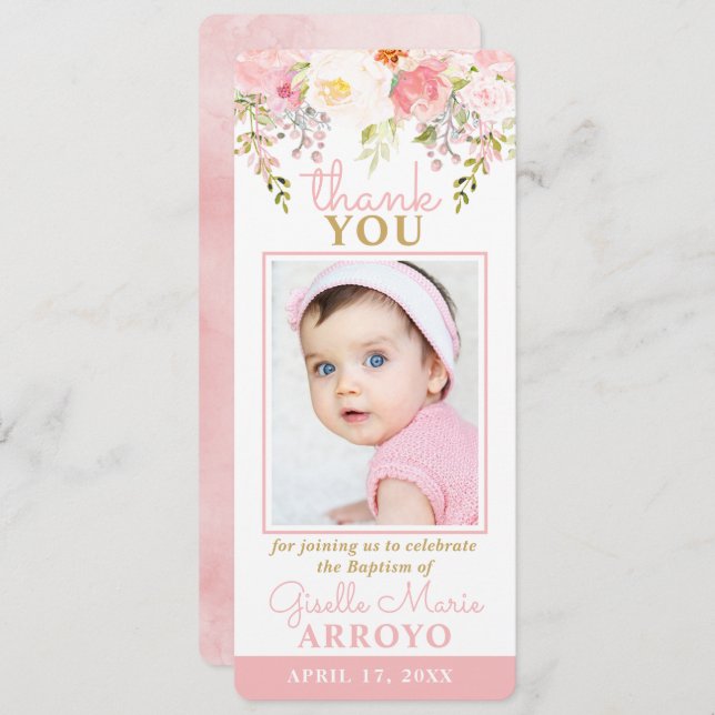 Convites Rosa Garden Girl Baptism Foto Bookmark Obrigado (Frente/Verso)