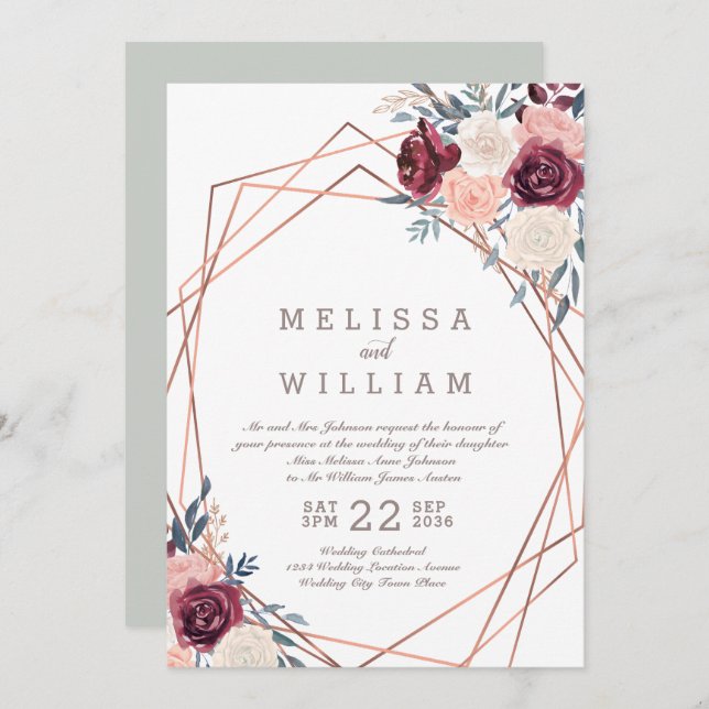 Convites Rosa Geométrico Borgonha-Marinha Casamento de Marf (Frente/Verso)