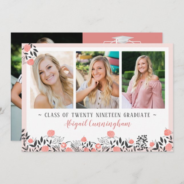 Convites Rosa Geométrico Dourada de festa de formatura Flor (Frente/Verso)