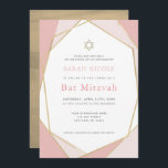 Convites Rosa Geométrico e Bat Mitzvah Dourado<br><div class="desc">Este convite do Bat Mitzvah,  moderno e chic,  apresenta um fundo branco com quadros geométricos falsos de ouro a rosa. O verso apresenta um fundo dourado falso. Altere a cor de fundo e personalize-a para as suas necessidades. Você pode encontrar produtos correspondentes na minha loja.</div>