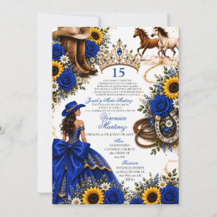 Convites Rosa Girassol Azul Real Vaquera Quinceañera 