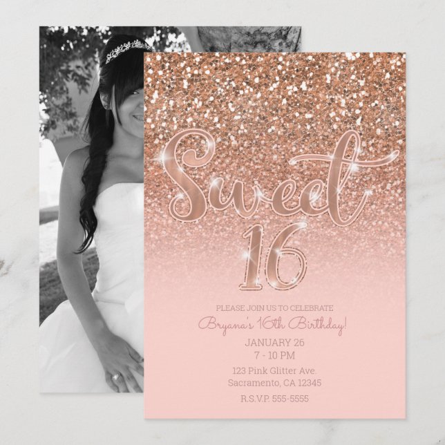 Convites Rosa Glam Moderno Brilho Doce 16 Foto (Frente/Verso)