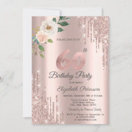 Convites Rosa Glitter Drips Rosa Dourado 60º Aniversário