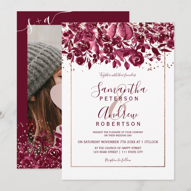 Convites Rosa gold confetti burgundy, casamento com fotos f (Frente/Verso)