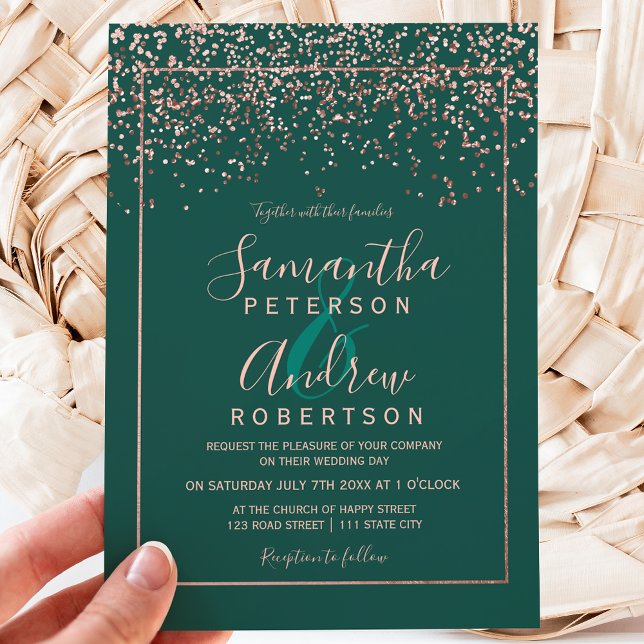 Convites Rosa gold confetti emerald green script casamento (Criador carregado)