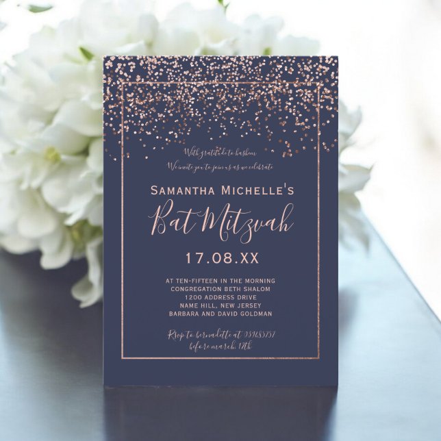 Convites Rosa gold confetti marinho blue script bat Mitzvah (Rose gold confetti navy blue script bat Mitzvah Invitation)