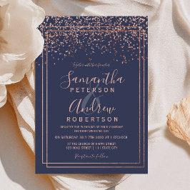 Convites Rosa gold confetti marinho  fronteira chique azul