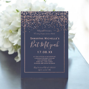 Convites Rosa gold confetti marinho script azul Mitzvah