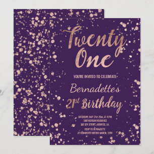 Convites Rosa gold confetti roxo splatters aniversário de 2