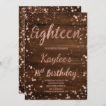 Convites Rosa gold confetti rustic wood 18th Aniversário<br><div class="desc">Faux rosa gold confetti splatters rustic Brown wood 18th Aniversário. Um moderno 18º Convite de aniversário com um convite de folha de ouro rosa moderno, original e simples, com rosa dourado, esplendores de confetti e uma tipografia de pincel feita à mão. Se precisar de algum texto mudado e personalizado, não...</div>