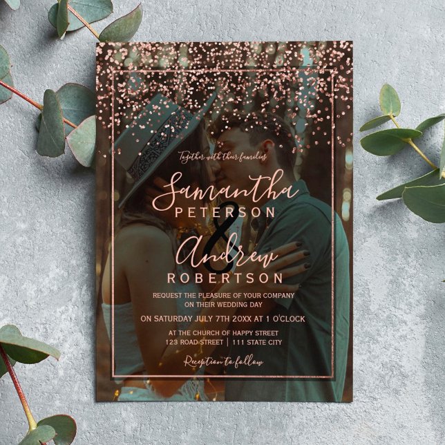 Convites Rosa gold confetti tipografia fotografia casamento (Rose gold confetti typography photo wedding invitation)