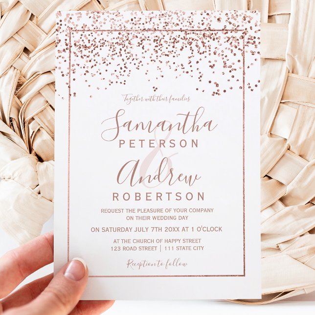 Convites Rosa gold confetti White Typografia Casada (Criador carregado)