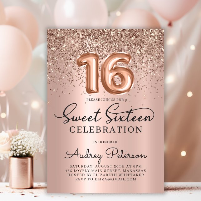 Convites Rosa Gold Foil Balloon Glitter Doce 16. Aniversári (Criador carregado)