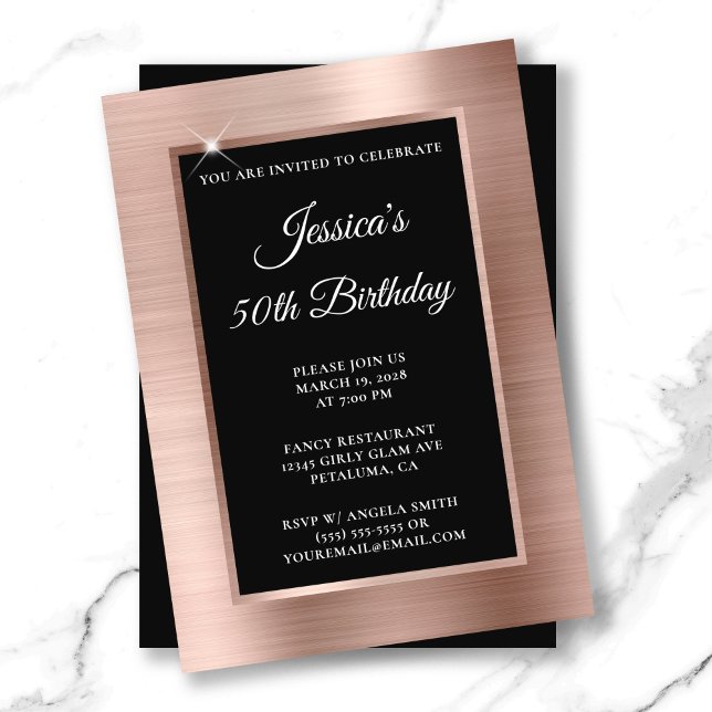 Convites Rosa Gold Foil e Black Overlay 50º aniversário (Rose Gold Foil and Black Overlay 50th Birthday Invitation)