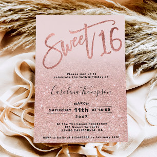 Convites Rosa gold foil glitter script blush Sweet 16 foto