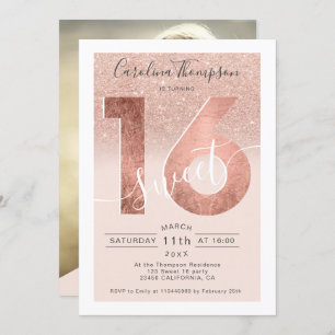 Convites Rosa gold foil glitter script blush Sweet 16 foto