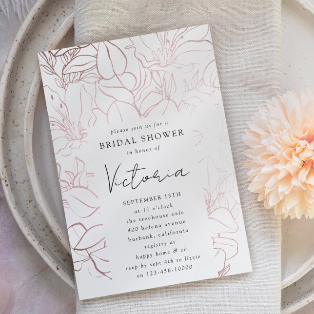 Convites Rosa Gold Foil Line Art Chá de panela Floral (Criador carregado)