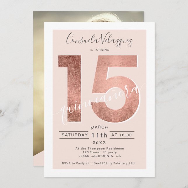 Convites Rosa gold foil script blush quinceanera foto (Frente/Verso)