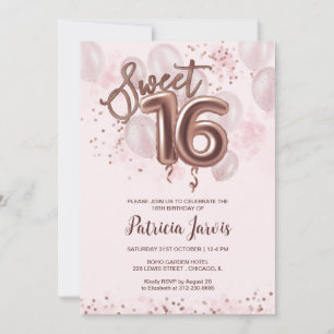 Convites Rosa Gold Foil Sweet 16 Bday Balloons Party Rosa