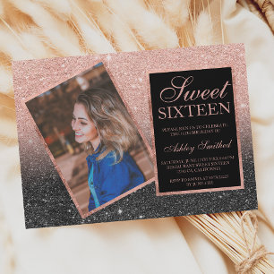 Convites Rosa gold frame foto de luz negra ombre Sweet 16