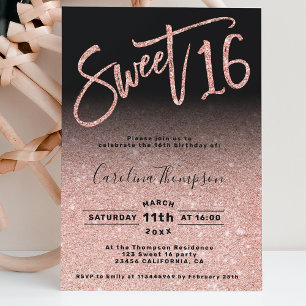 Convites Rosa gold glitter chic script black Sweet 16 foto