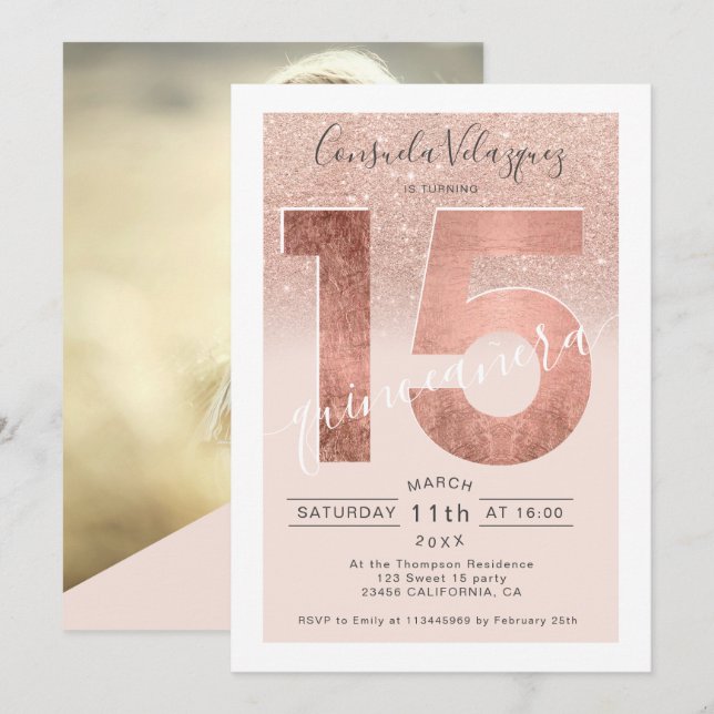Convites Rosa gold glitter script blush quinceanera foto (Frente/Verso)