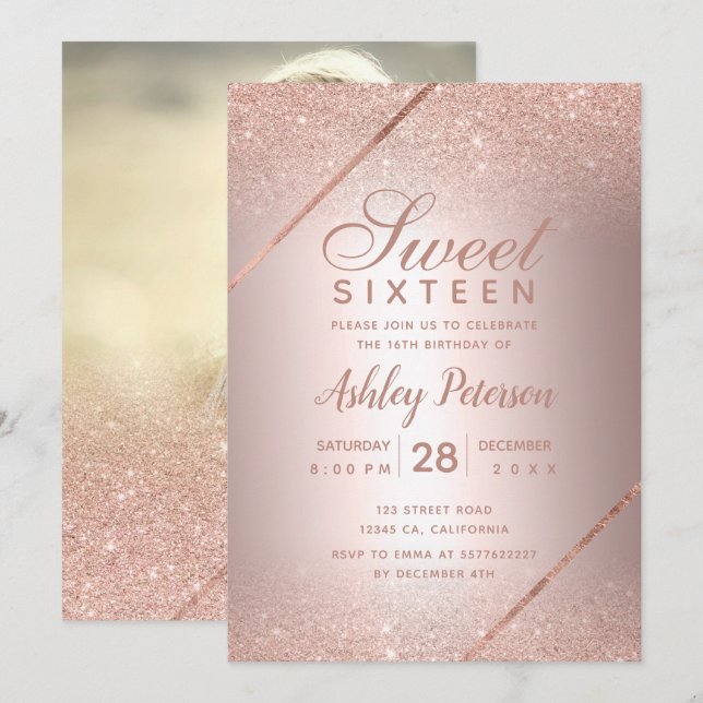 Convites Rosa gold glitter script foto metal Sweet 16 (Frente/Verso)
