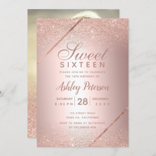 Convites Rosa gold glitter script foto metal Sweet 16
