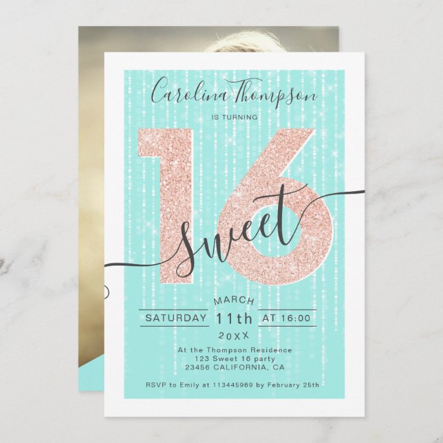 Convites Rosa gold glitter script teal light Sweet 16 foto (Frente/Verso)