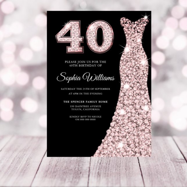 Convites Rosa gold Sparkle aniversário de 40 anos de partid (Criador carregado)