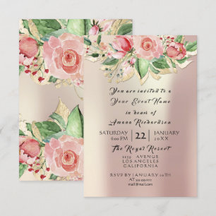 Convites Rosa Hortelã Champanhe Dourado Floral Aquarela Pér