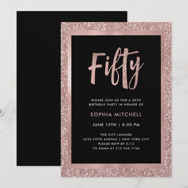 Convites Rosa Inverso com brilho Dourado | 50.a Festa de an (Frente/Verso)