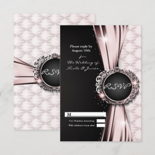Convites Rosa Laço Preto Glam Luxo Casamento RSVP Resposta