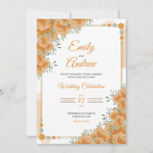 Convites Rosa Laranja em Contas Elegante Floral Aquarela Ca
