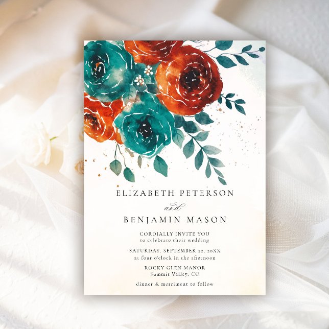 Convites Rosa Laranja Queimado Casamento Verde (fall wedding invitation teal burnt orange terracotta watercolor whimsical floral rustic barn)
