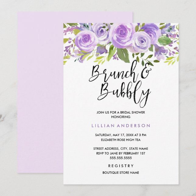 Convites Rosa Lavanda Floral Roxo Brunch E Espumante (Frente/Verso)