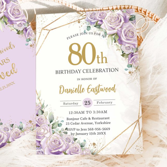 Convites Rosa Lilac Roxo Aniversário de 80 Floral Qualquer  (elegant-purple-lilac-lavender-roses-floral-flowers-50th-60th-70th-80th-90th-birthday-party-invite)
