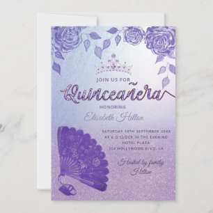 Convites Rosa Lilac roxo, fã romântica de mão Quinceañera