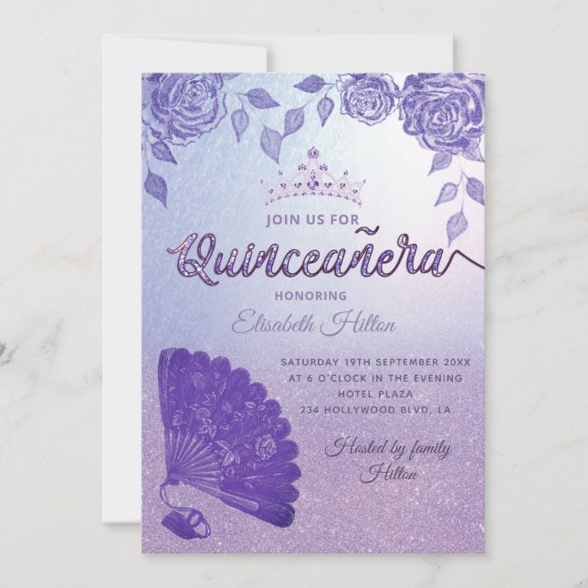 Convites Rosa Lilac roxo, fã romântica de mão Quinceañera (Frente)