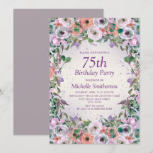 Rosa Lilás Roxo Floral Aquarela Aniversário de 75 