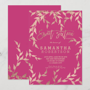 Convites Rosa magenta ouro rosa moderno de outono Sweet 16