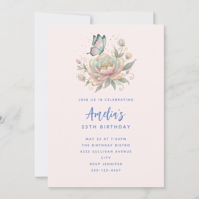 Convites Rosa Mágica e Borboleta Cores Pastéis de Aniversár (Frente)