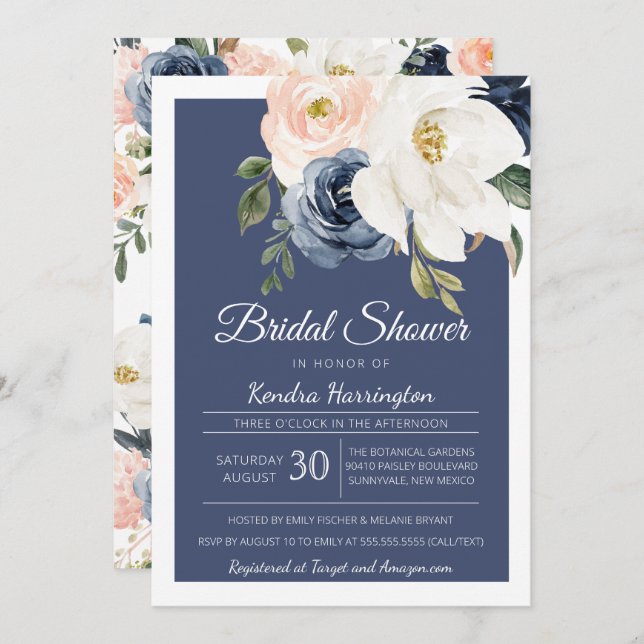 Convites Rosa Magnolia Marinho azul e Chá de panela azul (Frente/Verso)